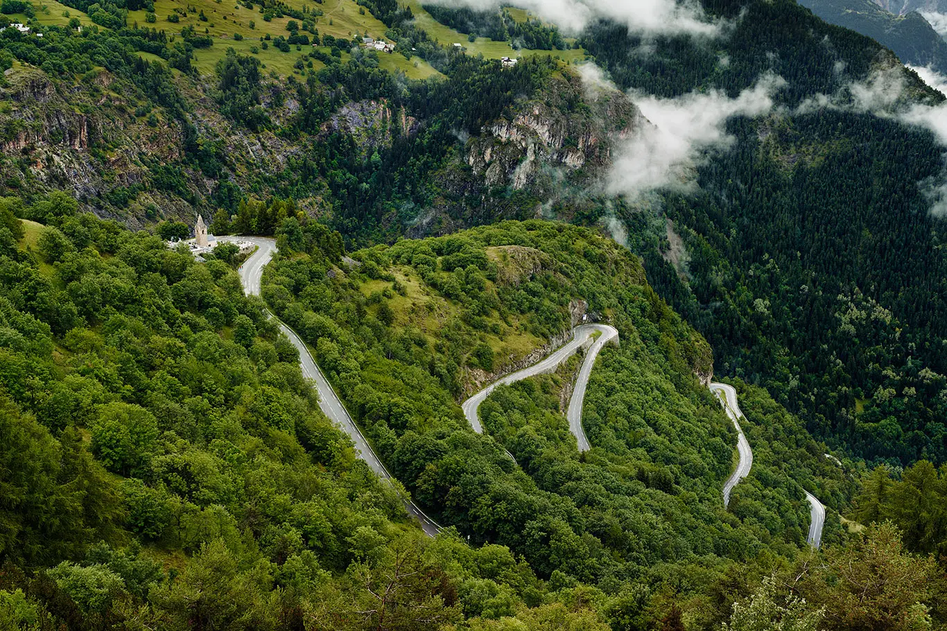 a road with 21 hairpin bends leading to Alpe d'Huez in the French Alps
