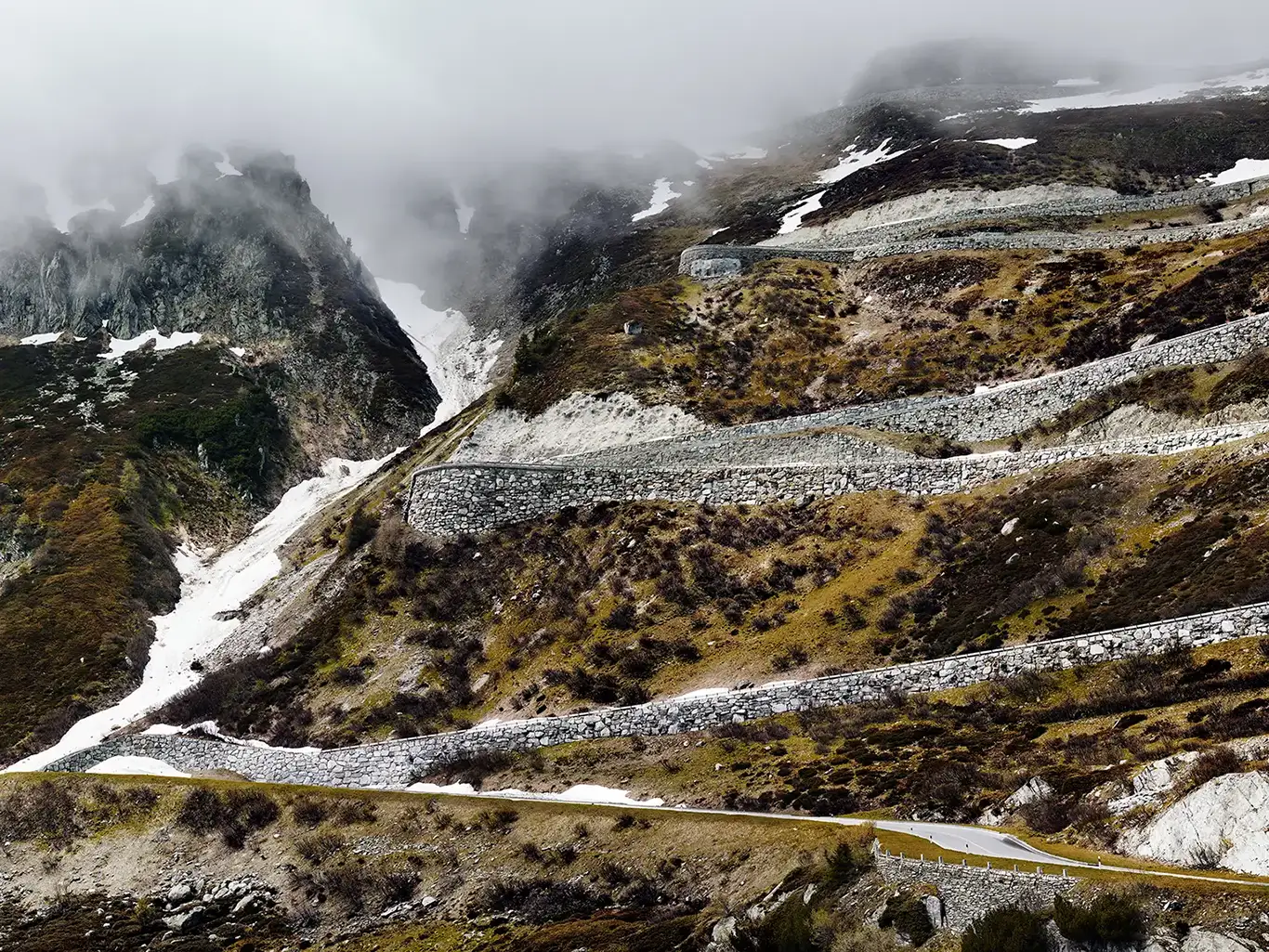 The Grimsel Pass and road in the fog