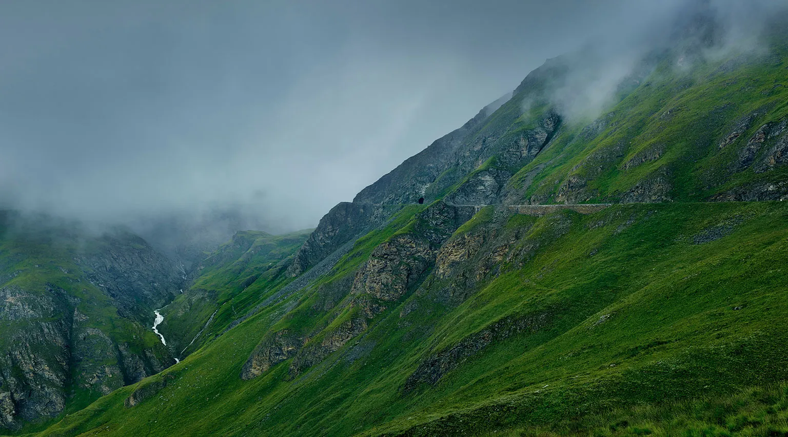 The Col de l'Iseran Alpine pass, shrouded in clouds