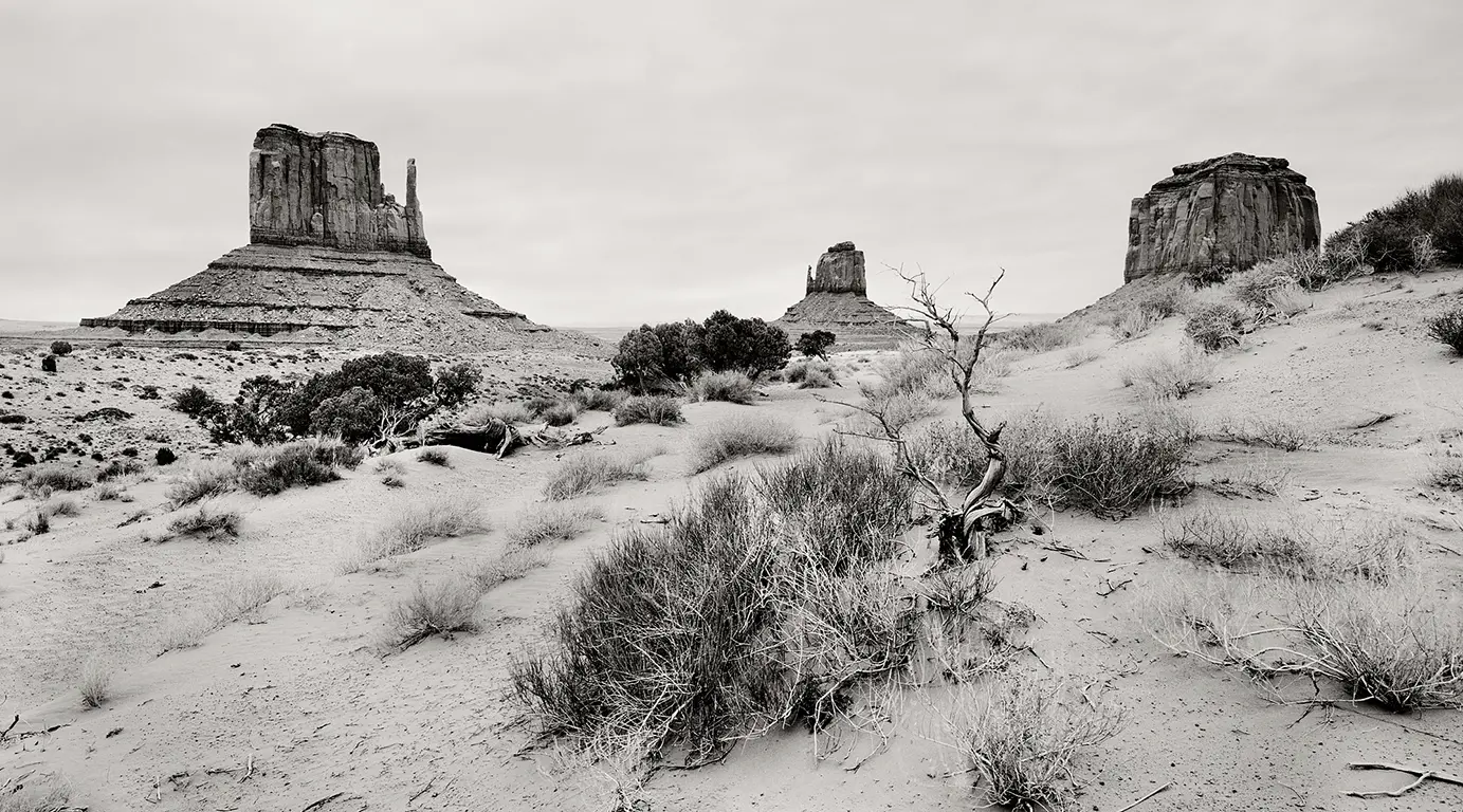 Schwarzweiß-Fotografie des Monument Valley mit kargem Wüsten-Vordergrund aus Sand und Gestrüpp; im Hintergrund ragen die markanten Sandsteintafeln des West Mitten, East Mitten und Merrick Butte empor.